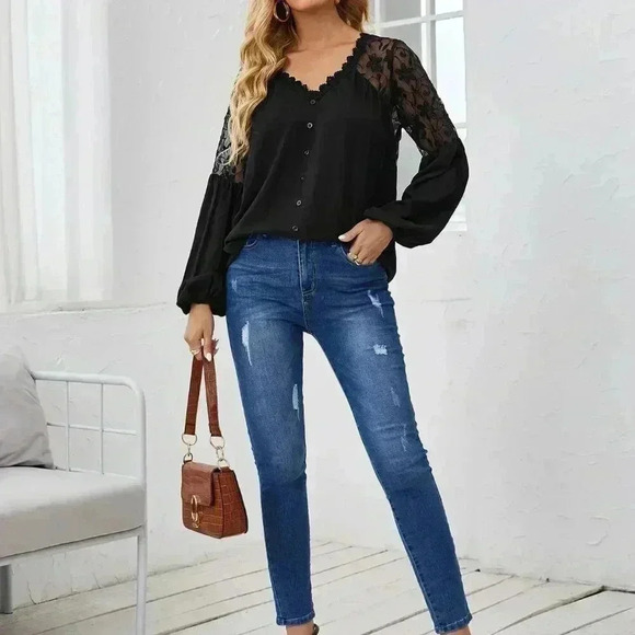 Black Casual Women's Guipure Lace Trim Embroidery Mesh Insert Blouse - Picture 4 of 5